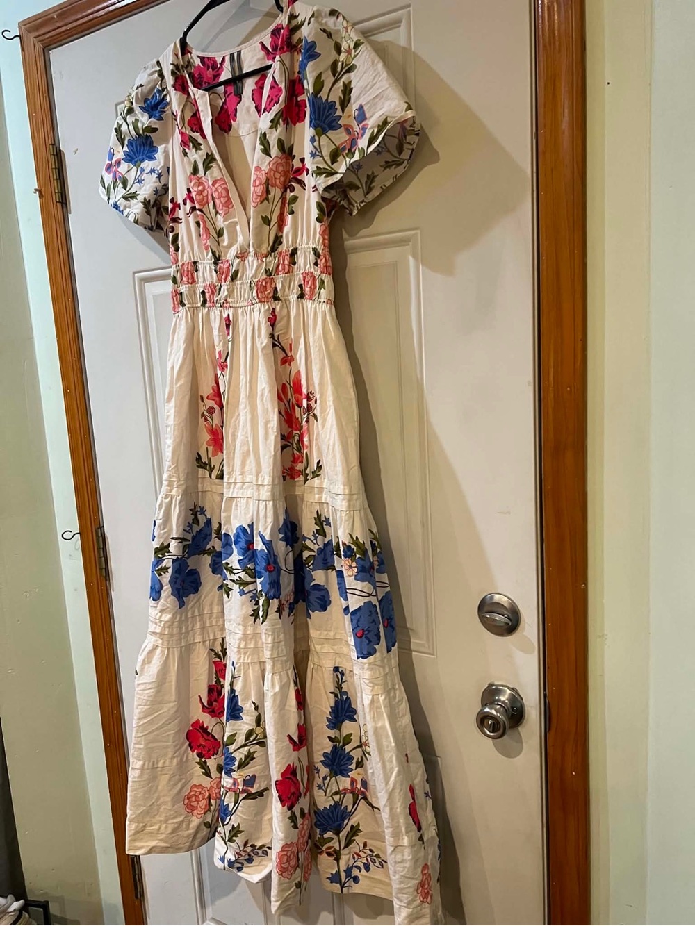 Anthropologie Maxi Dress with Blue and Pink Floral Print Size Small